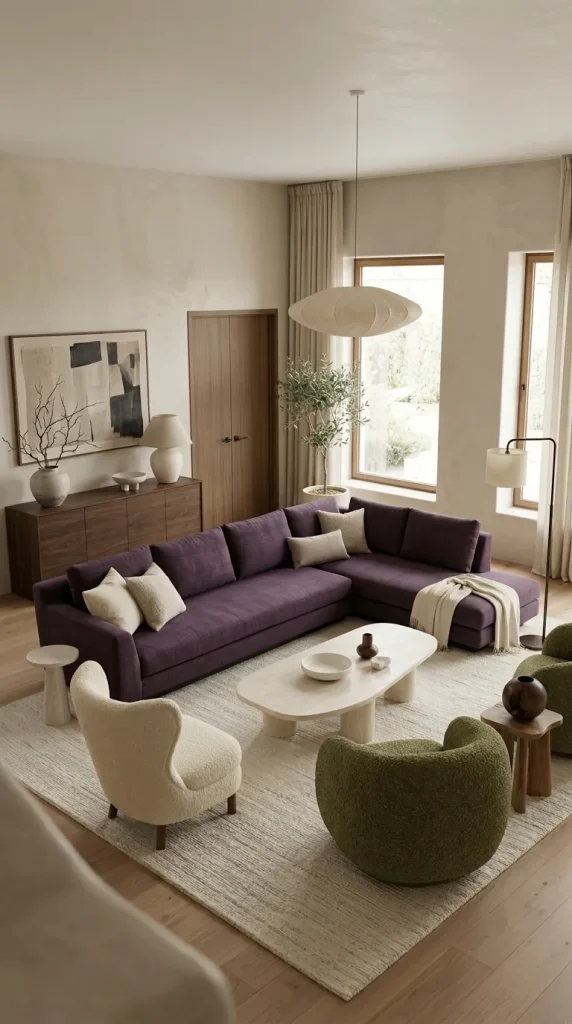 Pair a Purple Sofa With a Contrasting Green Chair