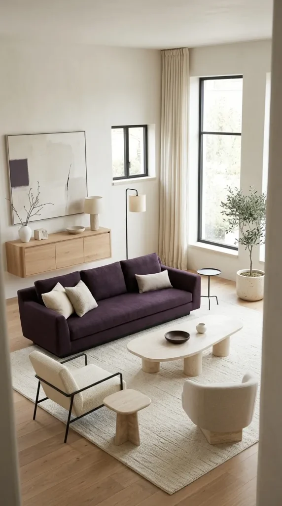 Pair an Aubergine Sofa With Pale Stone