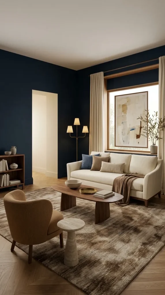 25 Cream Couch Living Room Ideas for Bright, Cozy and Stylish Spaces 15 Put a Cream Sofa Against Navy Walls