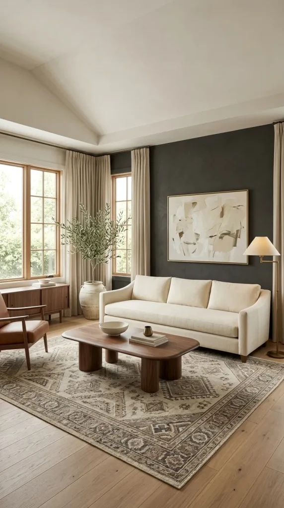 25 Cream Couch Living Room Ideas for Bright, Cozy and Stylish Spaces 9 Put a Cream Sofa Against a Charcoal Wall
