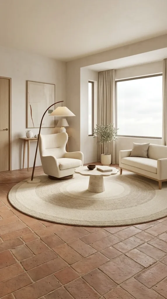 Soften Terracotta Floors With a Round Wool Rug