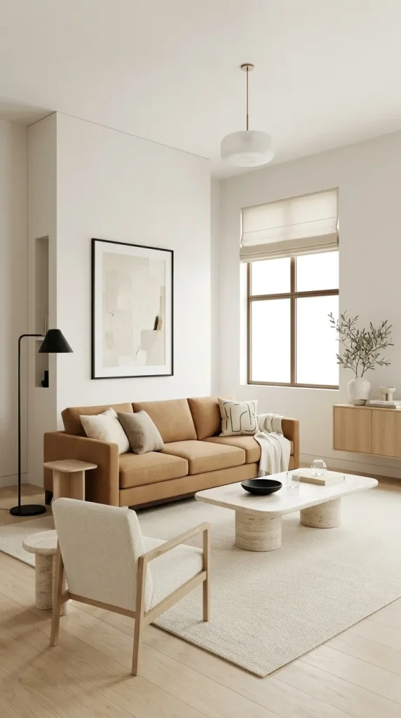 35 Brown Couch Living Room Ideas for Warm, Modern and Stylish Spaces 3 Style a Camel Sofa With Black and Travertine