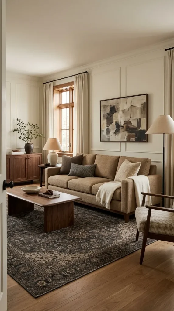 Style a Dark Beige Couch With Richer Contrast