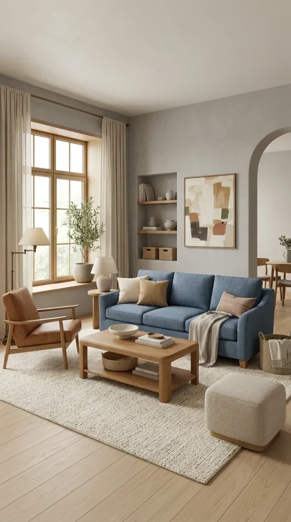 Style a Denim-Blue Sofa for a Relaxed Family Room