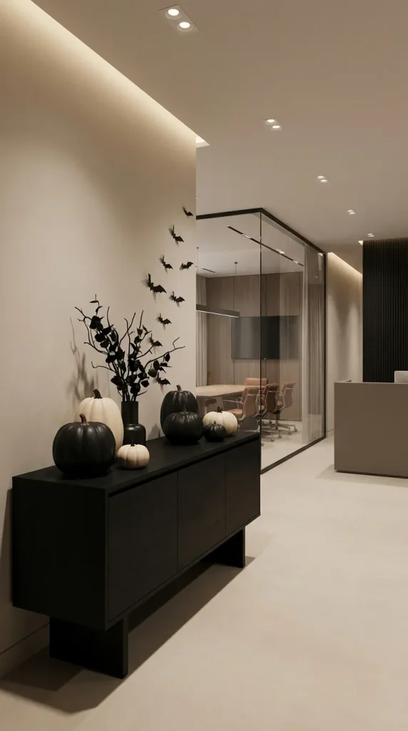 35 Office Halloween Decorations Ideas for Every Kind of Workplace 10 Style a Modern Black-and-Cream Corporate Halloween Display