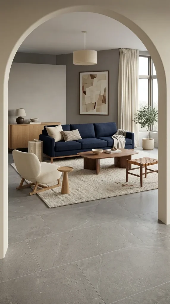 35 Navy Couch Living Room Ideas for Stylish, Cozy and Sophisticated Spaces 11 Style a Navy Couch on Grey Flooring
