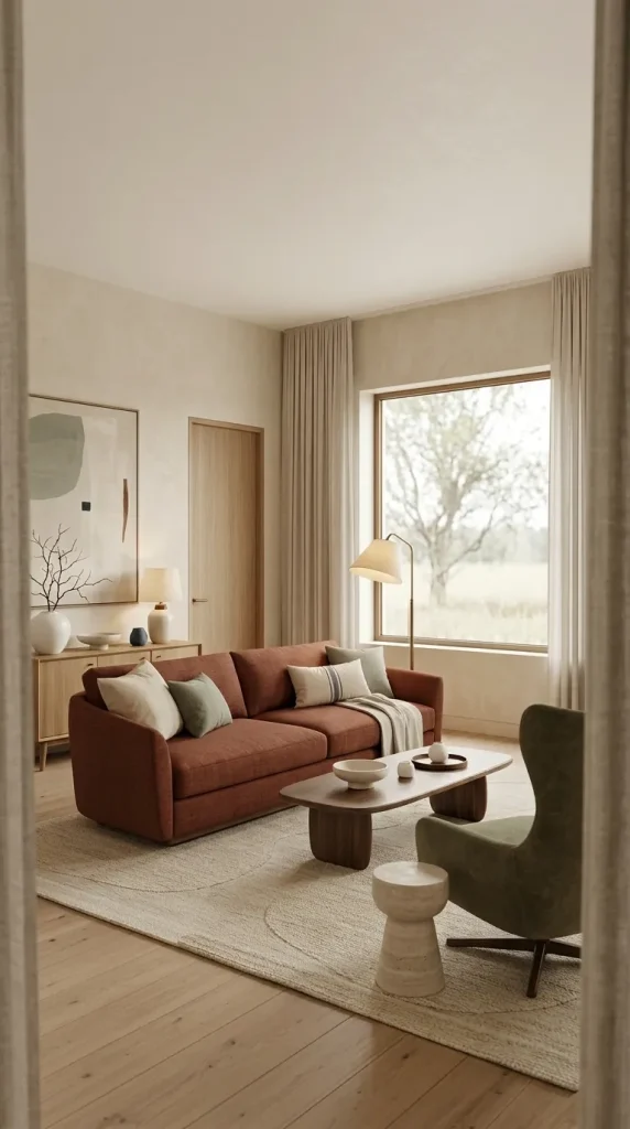 Style a Rust Sofa With Beige and Olive