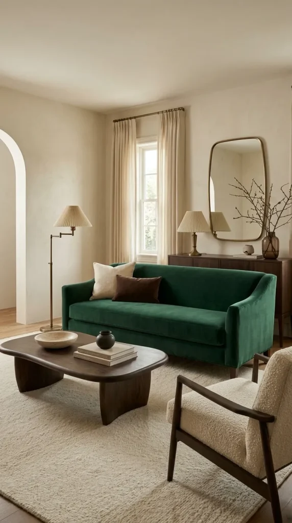 Style an Emerald Velvet Couch With Cream and Brass