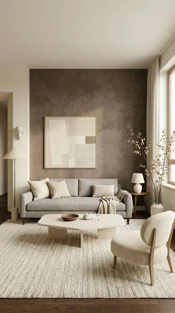Try a Muted Mocha Accent Wall Behind a Grey Sofa