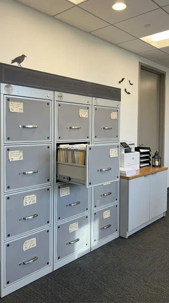 35 Office Halloween Decorations Ideas for Every Kind of Workplace 32 Turn Filing Cabinets Into Faux Morgue Drawers