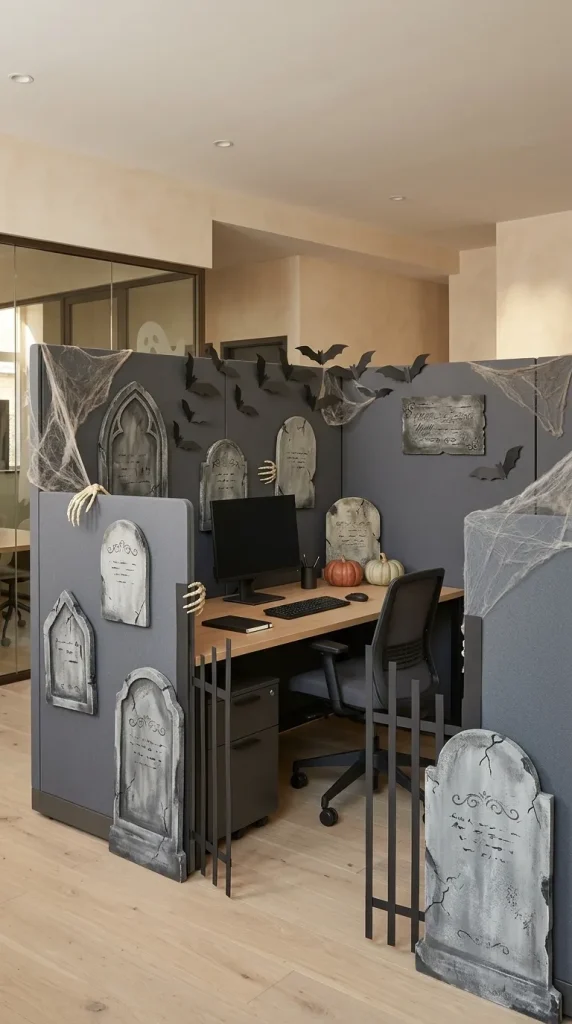 35 Office Halloween Decorations Ideas for Every Kind of Workplace 2 Turn a Cubicle Into a Mini Graveyard