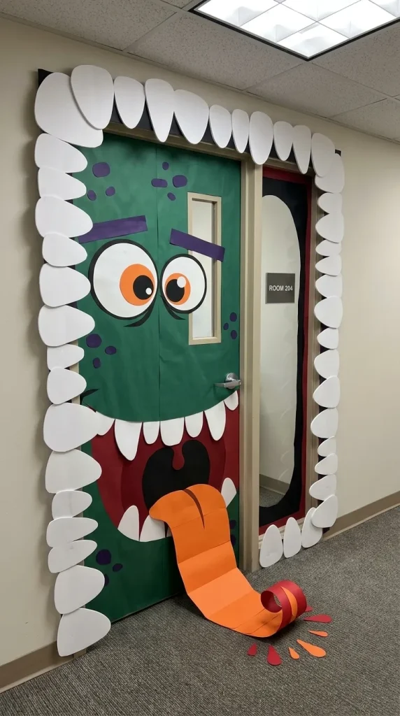 35 Office Halloween Decorations Ideas for Every Kind of Workplace 9 Turn an Office Door Into a Giant Monster Mouth
