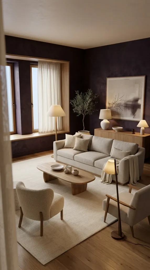 Use Aubergine Walls With Light Upholstery