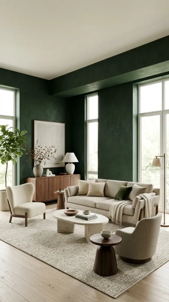 35 Dark Earthy Living Room Ideas for Warm, Moody and Grounded Spaces 10 Use Blackened Green in a Large, Bright Room