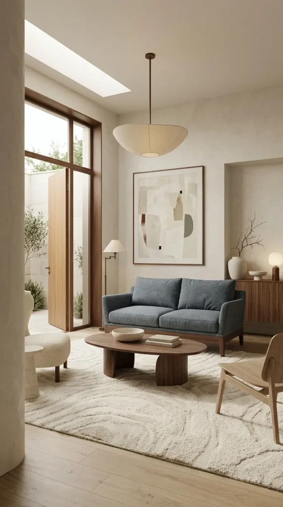 30 Grey Couch Living Room Ideas for Warm, Stylish and Colorful Spaces 5 Use Blue-Grey With Warm Wood and Cream