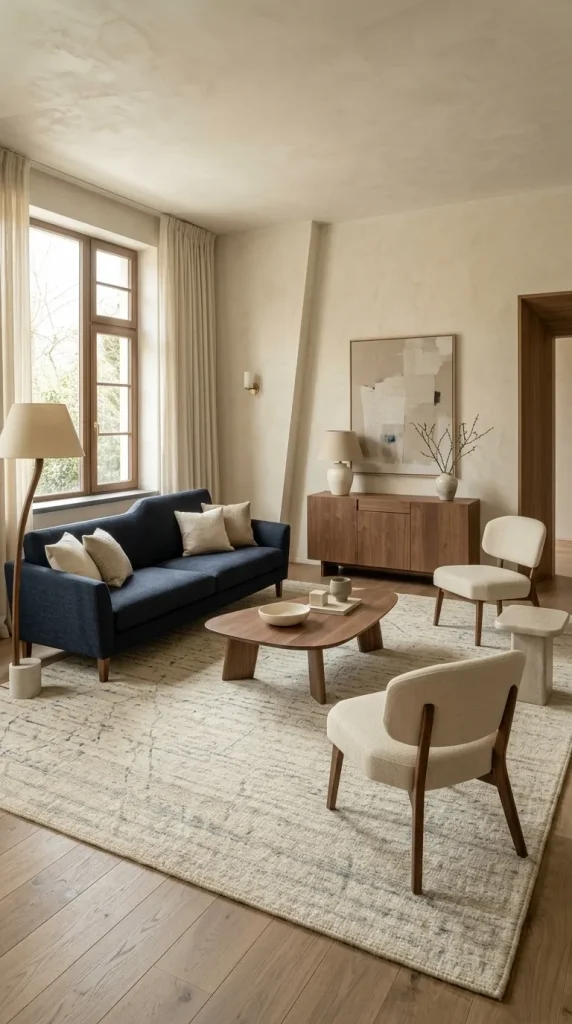 Use Blue-and-Cream Rugs to Connect Separate Furniture Colours