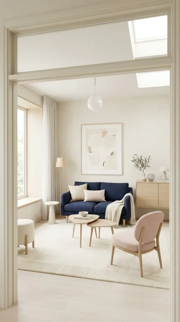 35 Navy Couch Living Room Ideas for Stylish, Cozy and Sophisticated Spaces 23 Use Blush and Navy for a Light Elegant Room