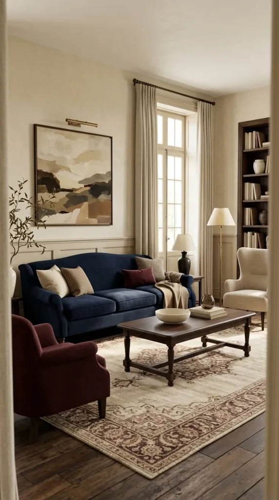 35 Navy Couch Living Room Ideas for Stylish, Cozy and Sophisticated Spaces 27 Use Burgundy With Navy for a Heritage Look