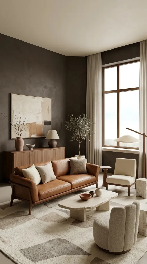 35 Dark Earthy Living Room Ideas for Warm, Moody and Grounded Spaces 5 Use Charcoal Walls With Warm Brown Furniture