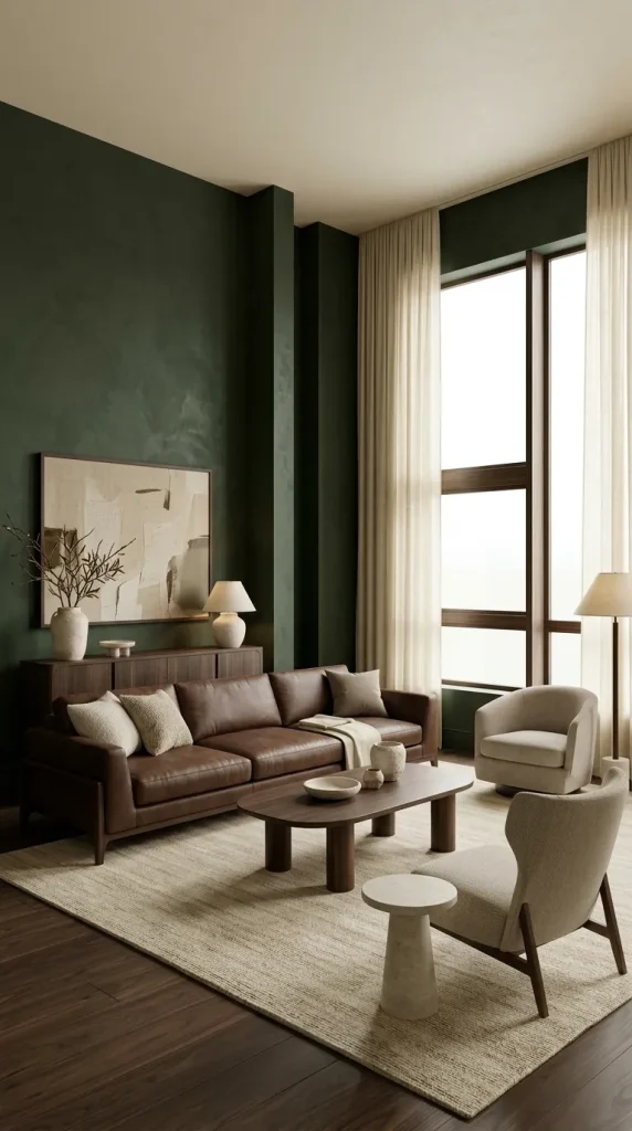 35 Dark Earthy Living Room Ideas for Warm, Moody and Grounded Spaces 21 Use Cream Curtains in a Dark Room