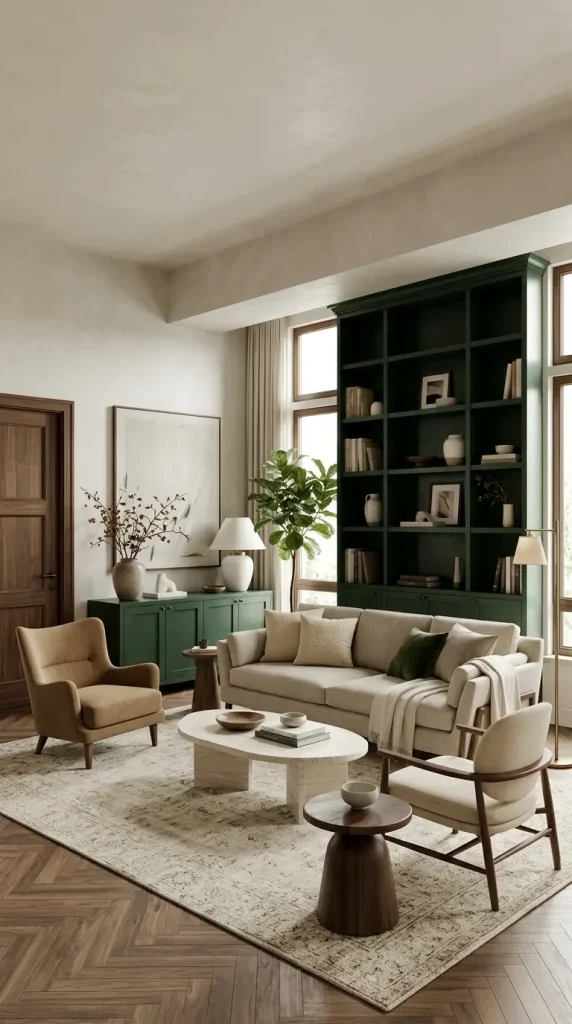 35 Dark Earthy Living Room Ideas for Warm, Moody and Grounded Spaces 11 Use Dark Green Built-Ins Instead of Dark Walls