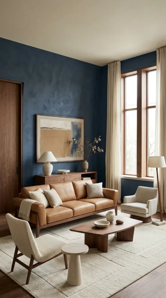 35 Dark Earthy Living Room Ideas for Warm, Moody and Grounded Spaces 23 Use Deep Blue Walls With Camel Leather