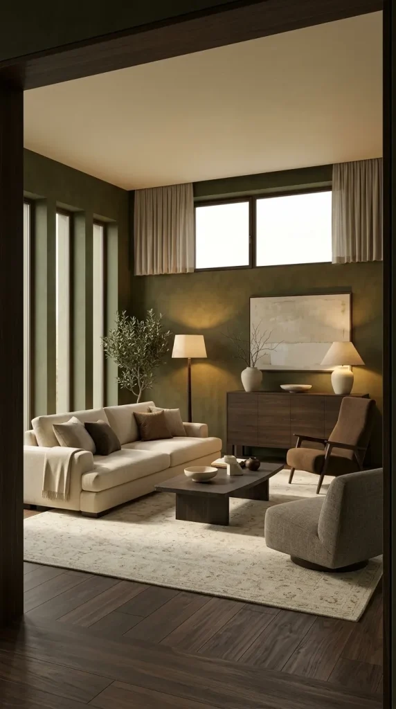 35 Dark Earthy Living Room Ideas for Warm, Moody and Grounded Spaces 2 Use Deep Olive Walls With a Cream Sofa