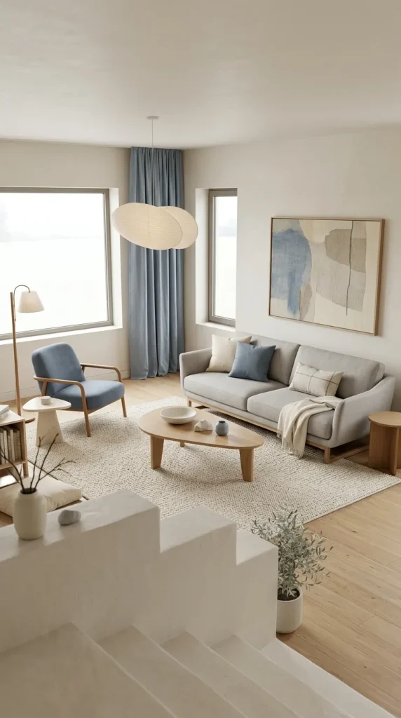 30 Grey Couch Living Room Ideas for Warm, Stylish and Colorful Spaces 17 Use Dusty Blue for a Softer Grey Room