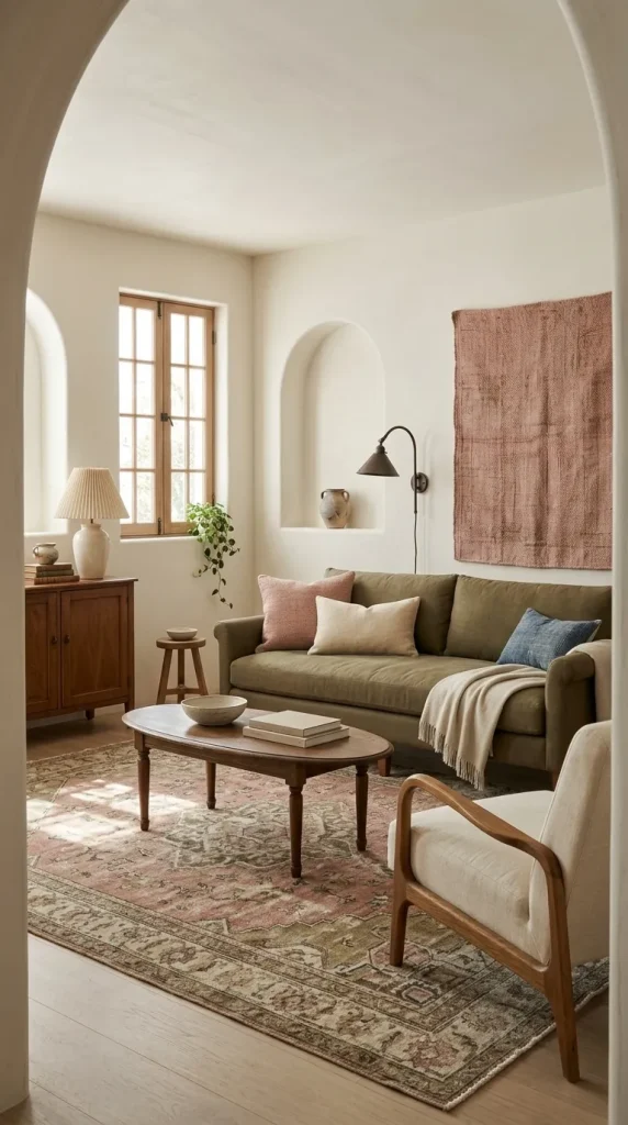 Use Dusty Pink With Olive for a Softer Eclectic Room