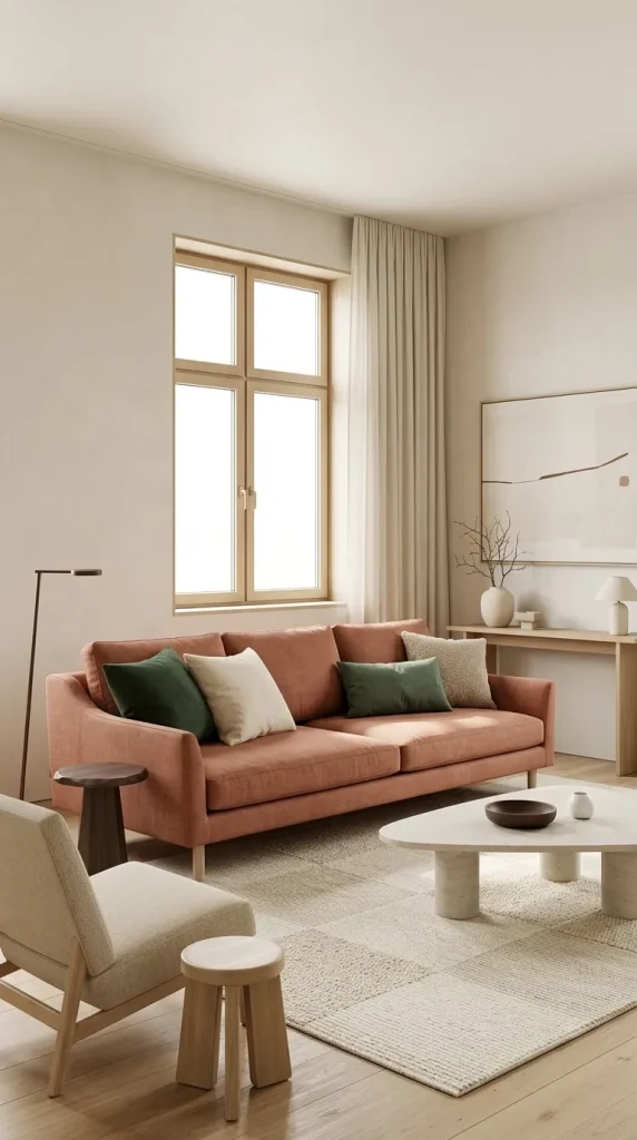 Use Forest-Green Pillows on a Terracotta Sofa