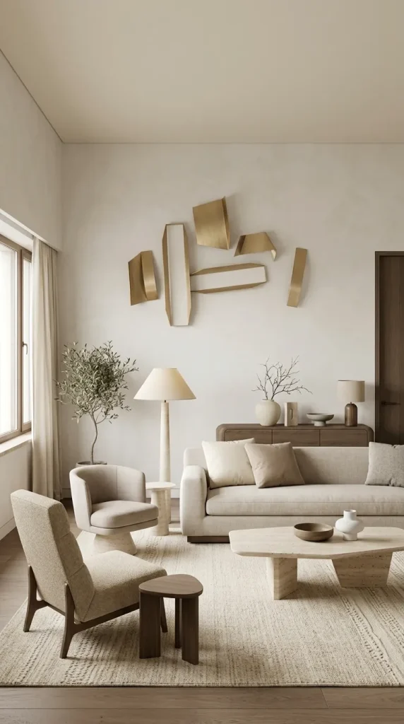 35 Gold Living Room Ideas for Elegant, Modern and Sophisticated Spaces 11 Use Gold Sculptural Wall Decor Sparingly