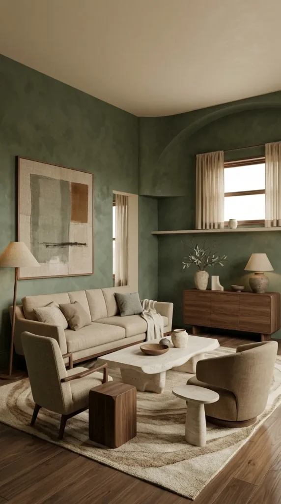 35 Dark Earthy Living Room Ideas for Warm, Moody and Grounded Spaces 8 Use Moss Green for a Softer Organic Room