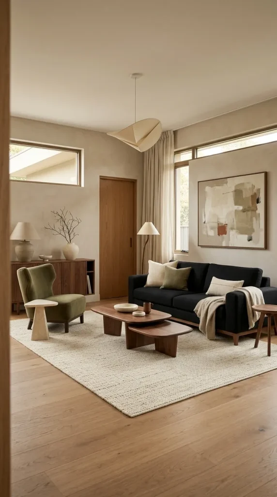 Use Olive Green for an Earthy Black Couch Room