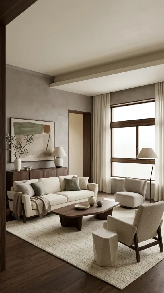 35 Dark Earthy Living Room Ideas for Warm, Moody and Grounded Spaces 18 Use Warm Grey Walls With Dark Timber