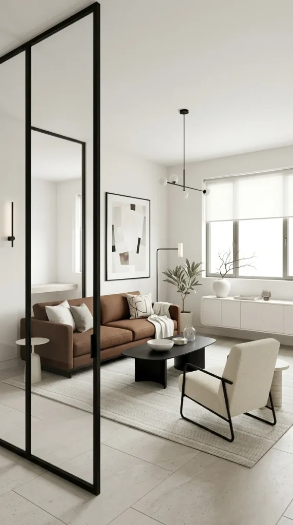35 Brown Couch Living Room Ideas for Warm, Modern and Stylish Spaces 17 Use White Walls and Black Accents With Brown