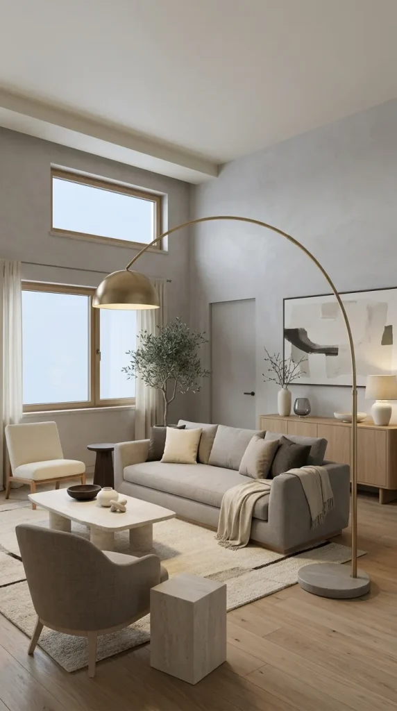 35 Gold Living Room Ideas for Elegant, Modern and Sophisticated Spaces 12 Use a Brushed-Gold Arc Floor Lamp