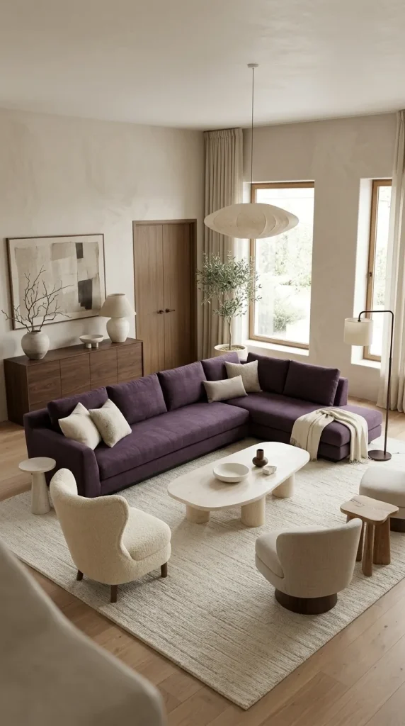 Use a Purple Sectional in a Large Neutral Room
