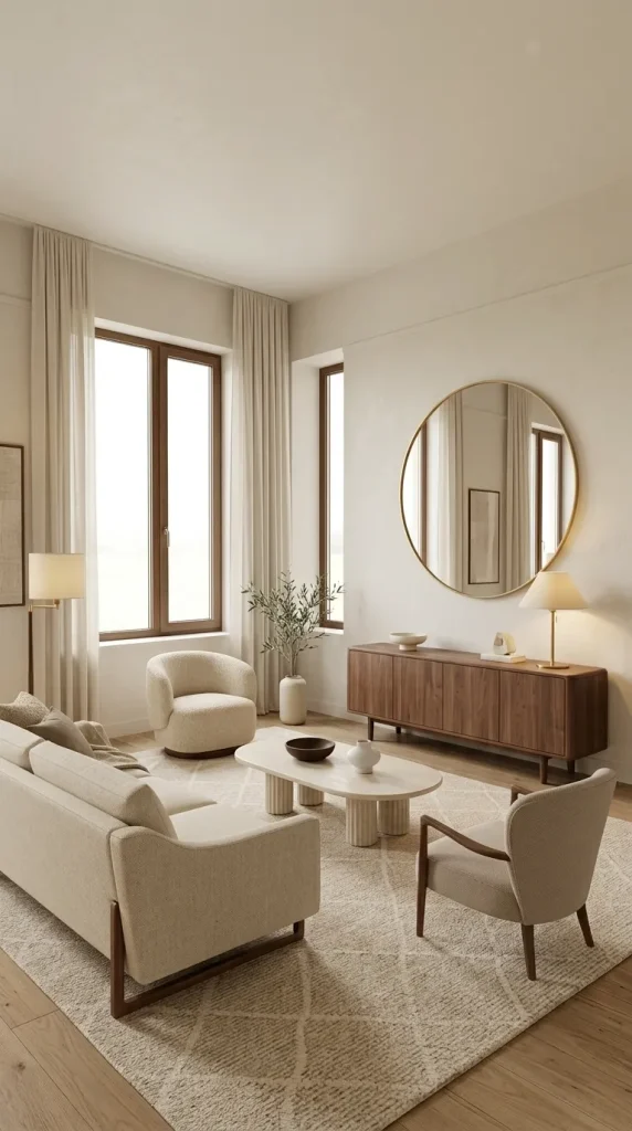 35 Gold Living Room Ideas for Elegant, Modern and Sophisticated Spaces 8 Use a Round Gold Mirror Above a Sideboard