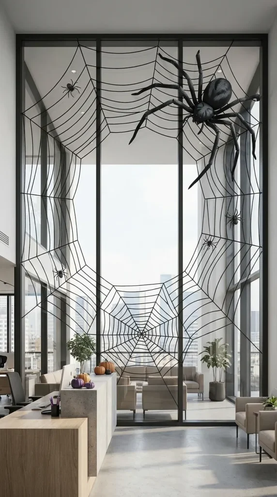 35 Office Halloween Decorations Ideas for Every Kind of Workplace 13 Use a Spiderweb Window Installation