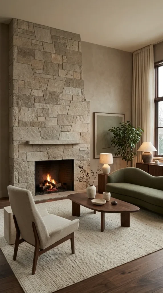 35 Dark Earthy Living Room Ideas for Warm, Moody and Grounded Spaces 31 Use a Stone Fireplace as the Earthy Focal Point