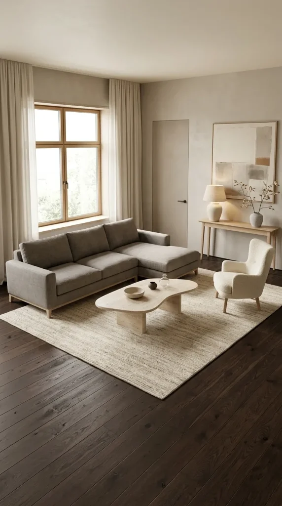 Use a Warm Grey Sectional With Dark Brown Floors