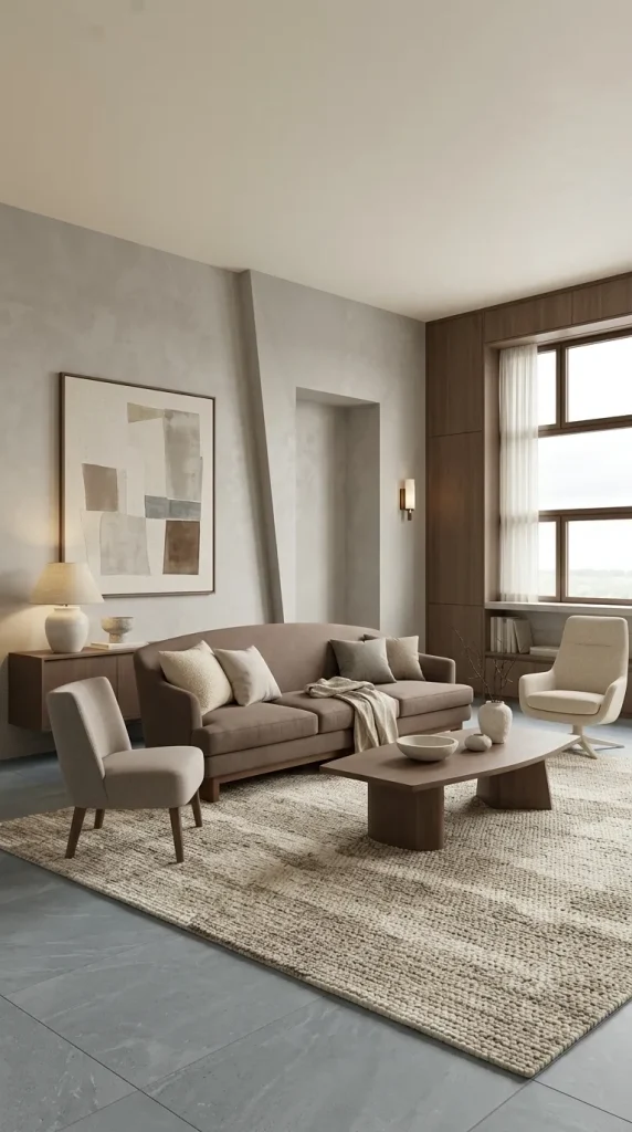 Warm Up Cool Grey Flooring With Brown Upholstery