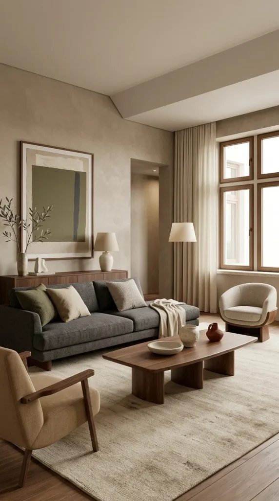 35 Dark Earthy Living Room Ideas for Warm, Moody and Grounded Spaces 16 Warm a Charcoal Sofa With Olive and Walnut